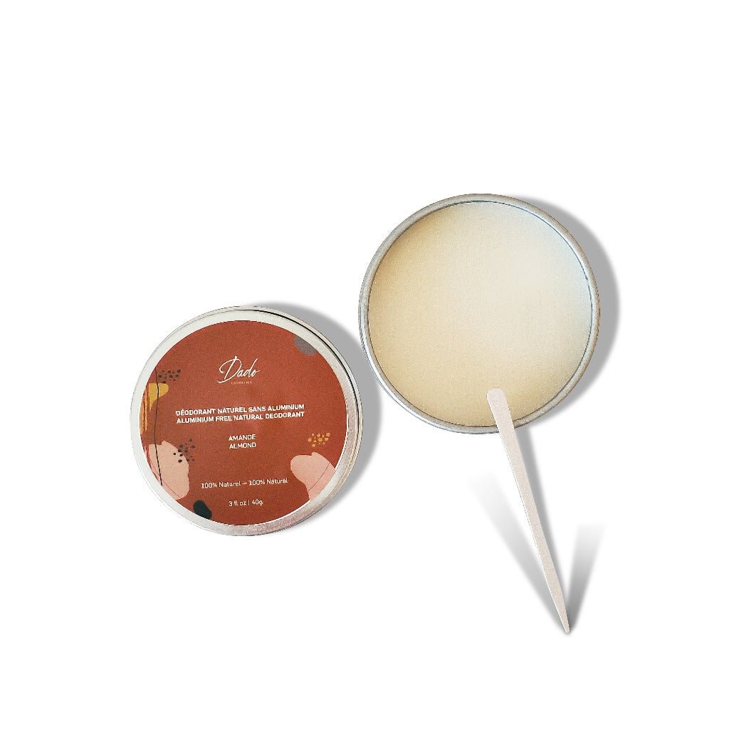 Déodorant naturel au bicarbonate de soude et beurre de mangue, senteur amande dans un contenant en métal - Dado Cosmetics