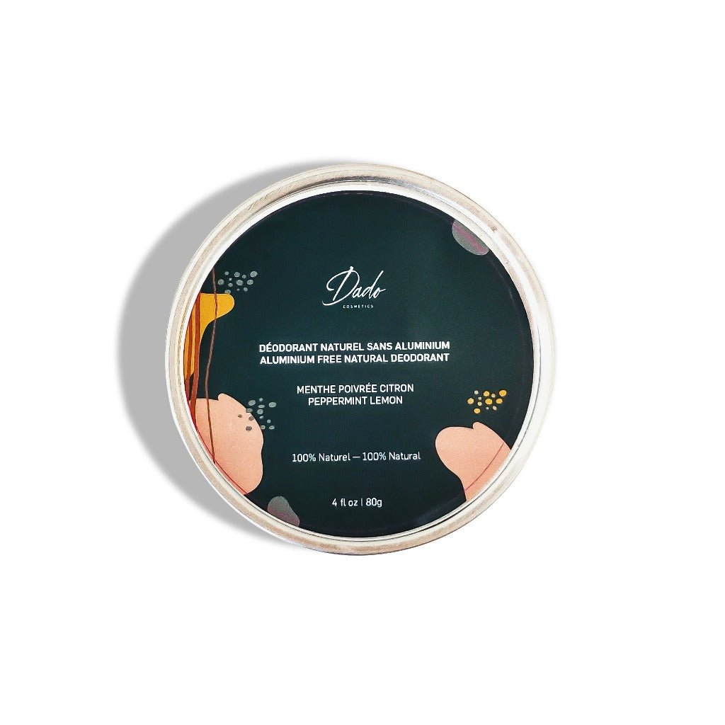 Déodorant naturel au bicarbonate de soude et beurre de mangue à la menthe poivrée dans un contenant métal - Dado Cosmetics