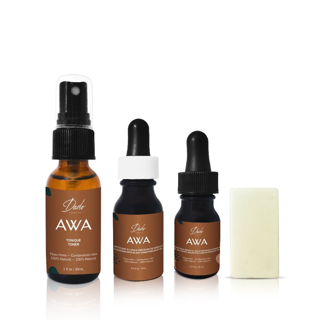 Routine beauté Awa pour peau sèche avec 3 bouteilles en verre ambré Awa et 1 savon  Awa - Dado Cosmetics