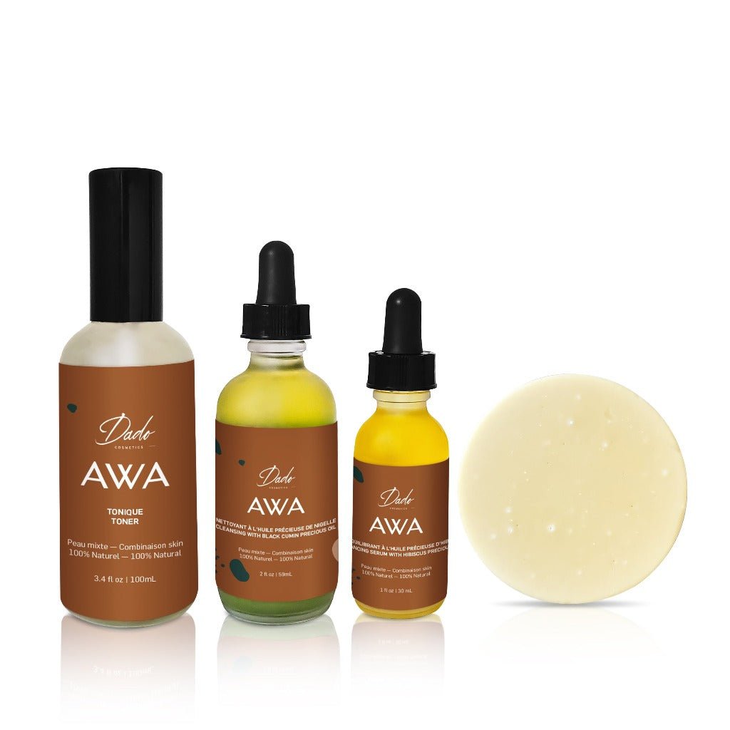 Routine beauté Awa pour peau mixte avec 3 bouteilles en verre ambré Awa et 1 savon Awa - Dado Cosmetics