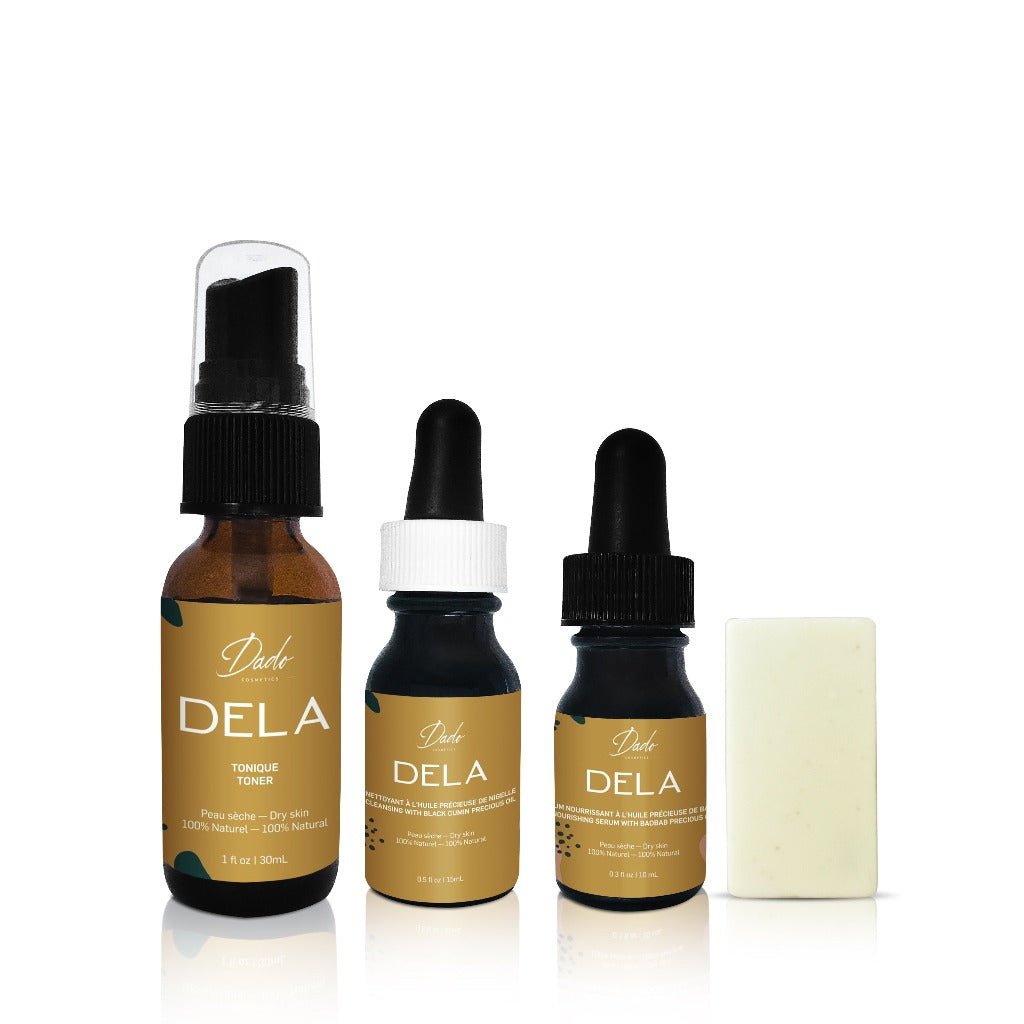 Routine beauté Dela pour peau sèche avec 3 bouteilles en verre ambré Awa et 1 savon  Dela - Dado Cosmetics