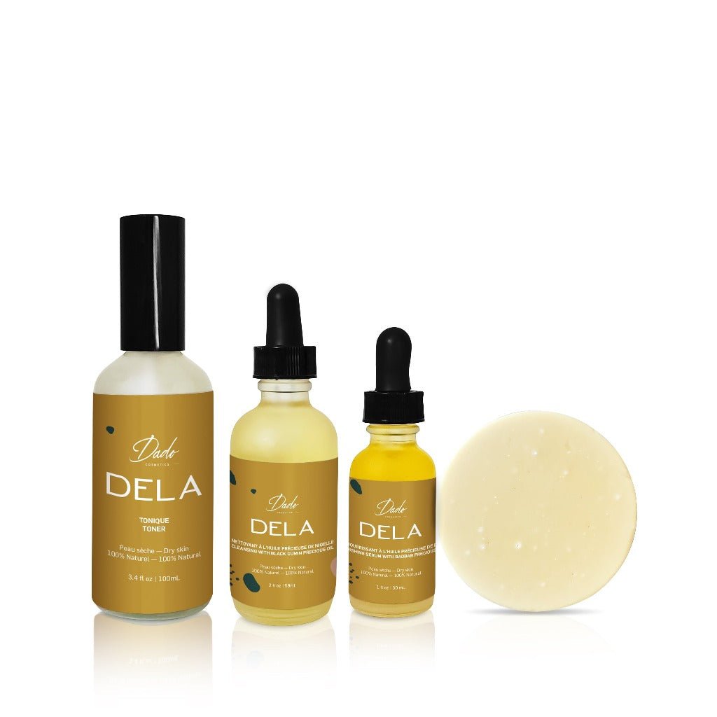 Routine beauté Dela pour peau sèche avec 3 bouteilles en verre ambré Dela et 1 savon Dela - Dado Cosmetics