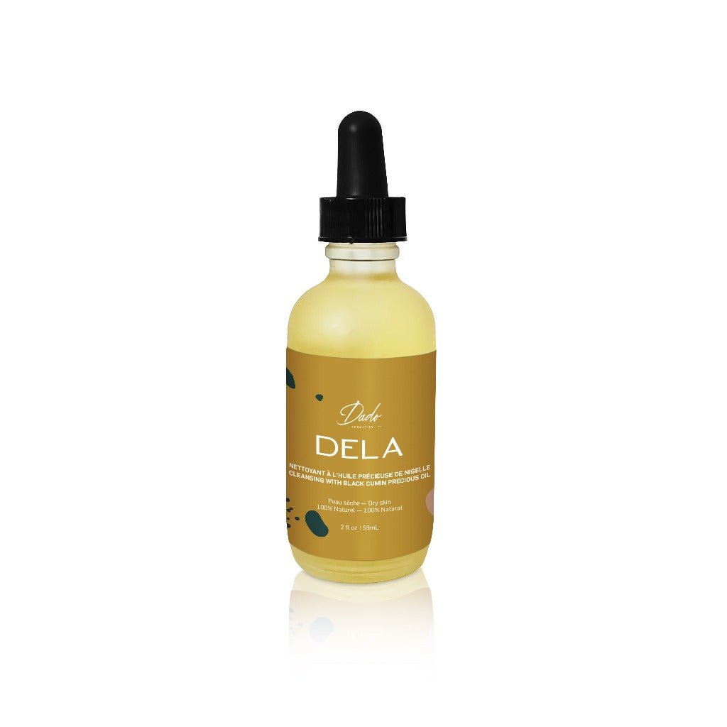 Routine beauté Dela pour peau sèche avec 3 bouteilles en verre ambré Dela et 1 savon Dela - Dado Cosmetics