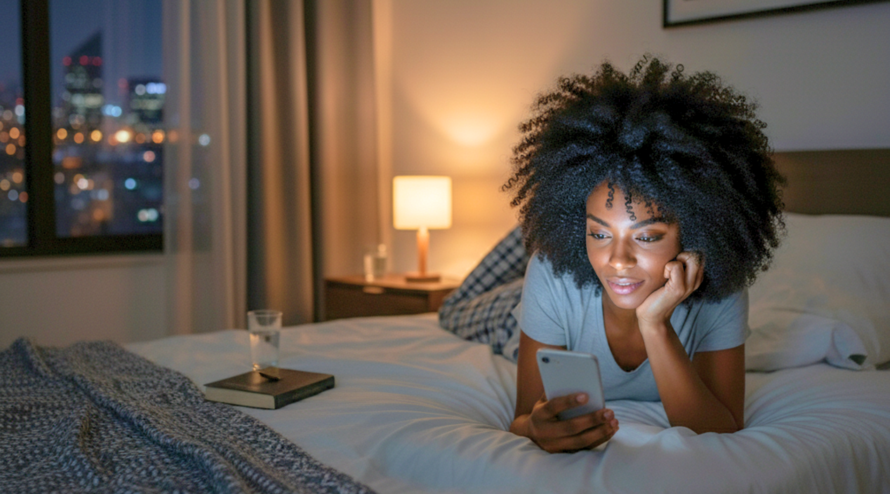 Femme allongée sur son lit le soir en regardant son téléphone – impact des écrans sur le sommeil et la peau.