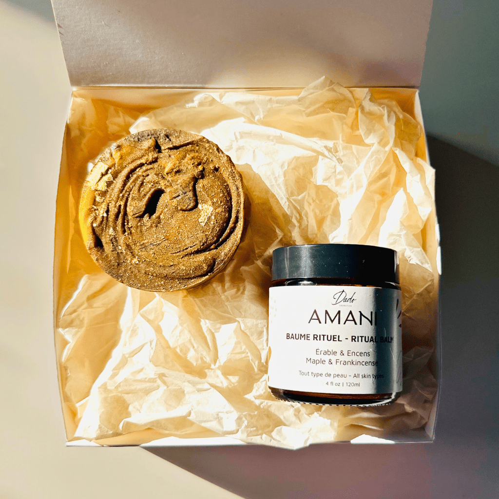 Coffret AMANI Dado ouvert avec savon exfoliant et baume rituel érable encens cadeau bien-être