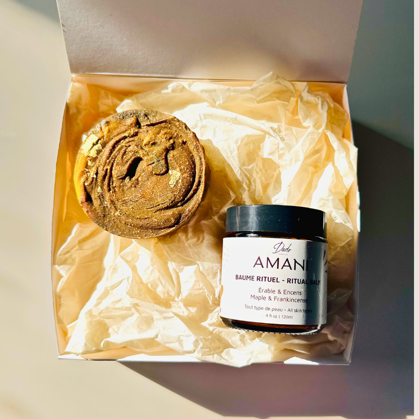 Coffret cadeau beauté naturelle avec baume rituel AMANI érable encens et savon artisanal fait main