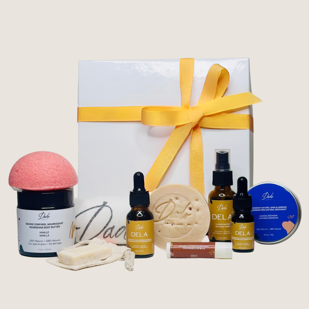 Coffret Rituel Douceur Dado Cosmetics pour peau sèche - Rituel visage DELA, beurre corporel vanille, déodorant lavande géranium, baume à lèvres vanille, savon sel rose Himalaya, éponge konjac rose - Cadeau naturel Noël