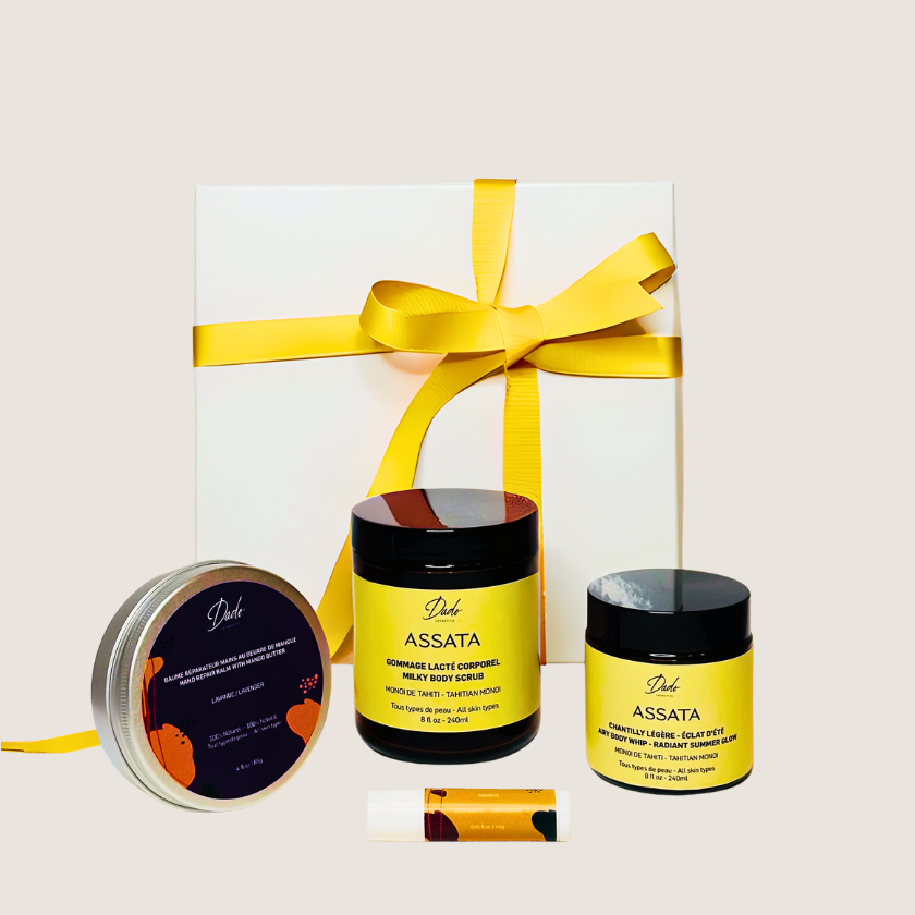 Coffret soin du corps ASSATA avec gommage lacté exfoliant et chantilly corporel hydratant 100% naturel
