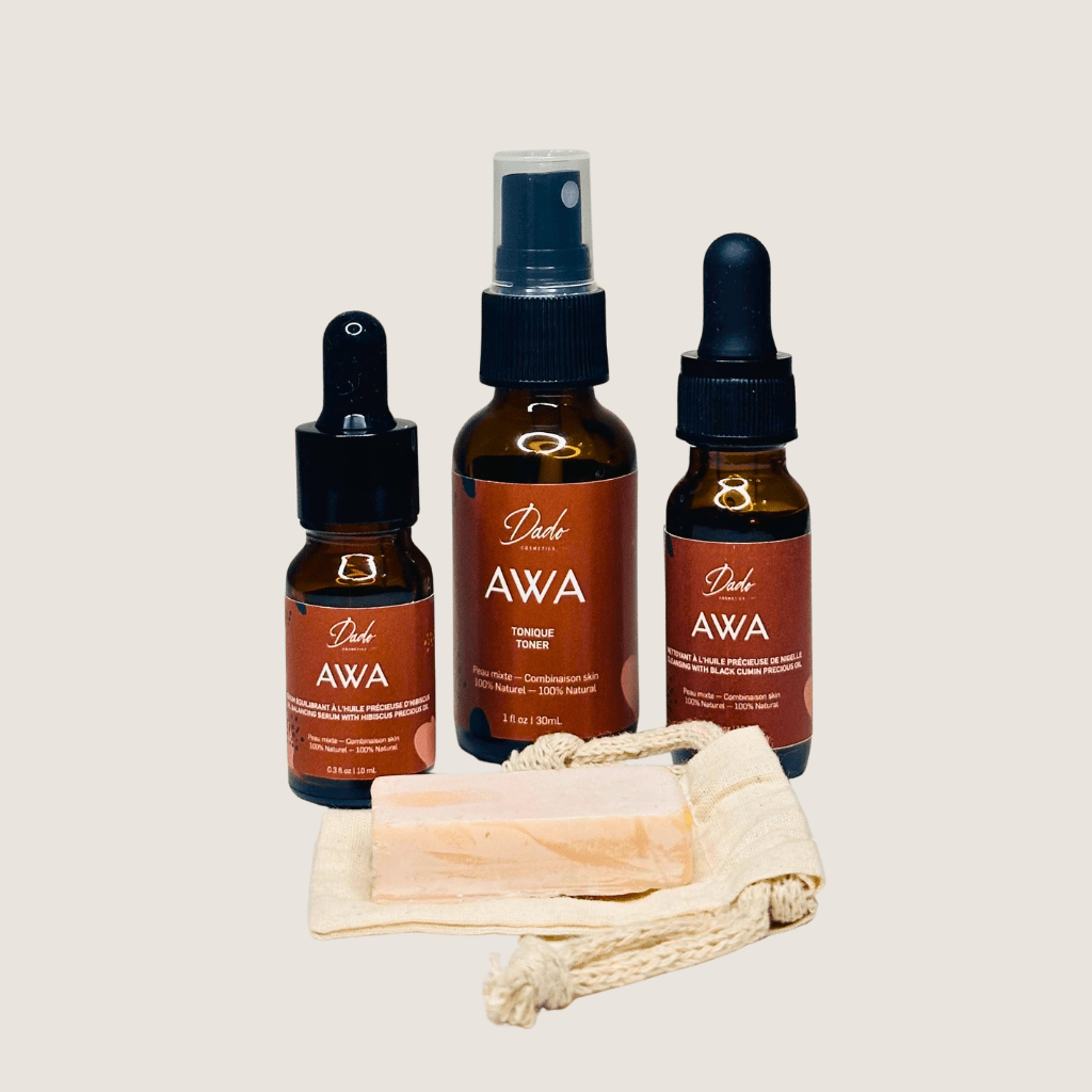 Kit rituel visage Awa Dado pour peau mixte trois huiles naturelles savon sac coton