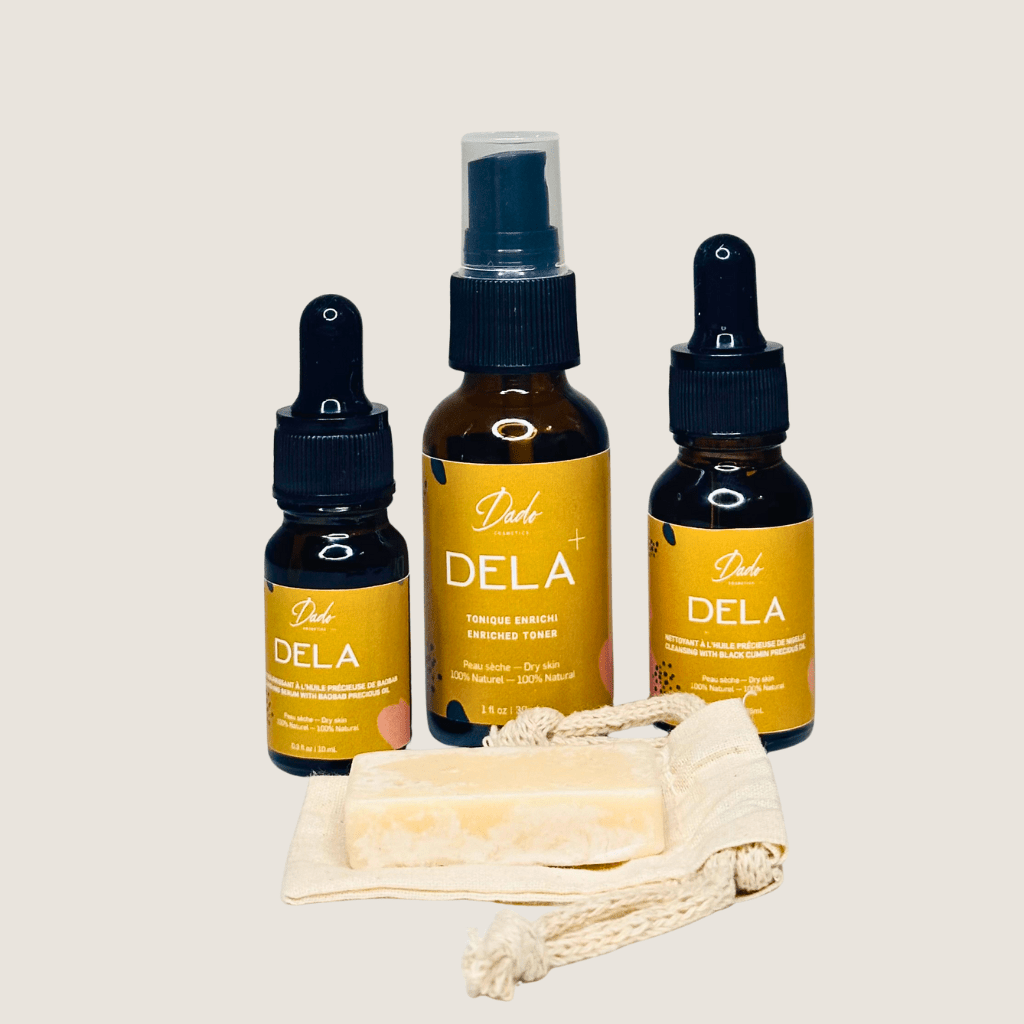 Kit rituel visage DELA Dado pour peau sèche trois huiles naturelles savon sac coton