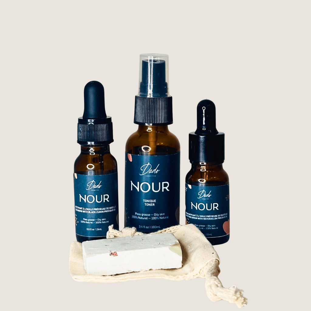 Kit rituel visage NOUR Dado pour peau grasse trois huiles naturelles savon sac coton