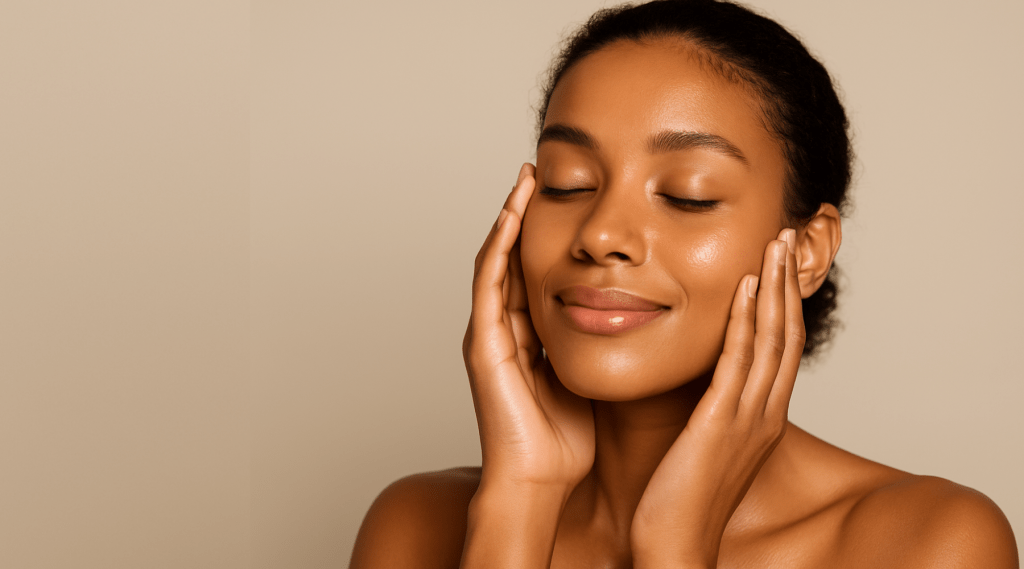Femme à la peau noire lumineuse éclatante grâce aux soins naturels et huiles précieuses africaines