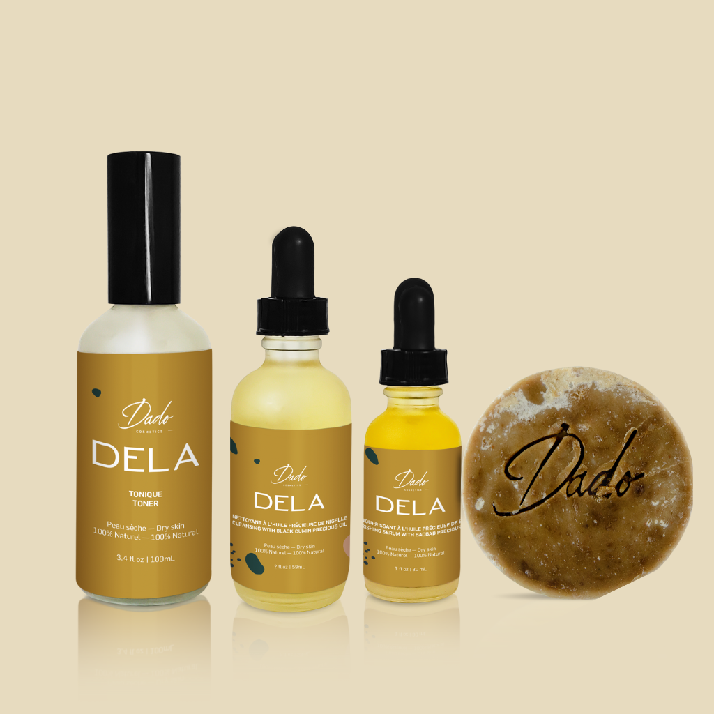 Rituel visage DELA complet pour peau sèche - Lotion tonique, huile nettoyante, sérum précieux et savon naturel au miel - Dado Cosmetics