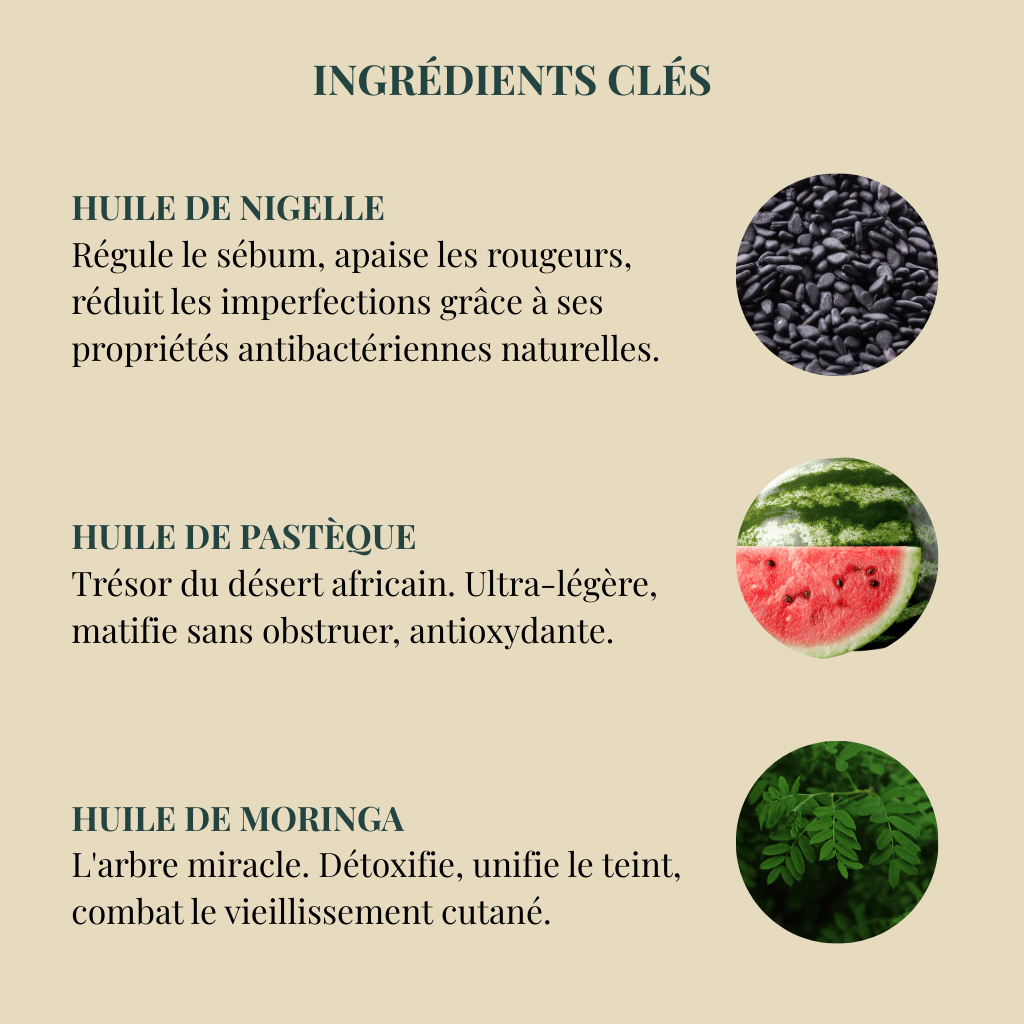 Ingrédients naturels africains Dado Cosmetics : huile de nigelle, pastèque hydratante et moringa anti-âge pour soins visage