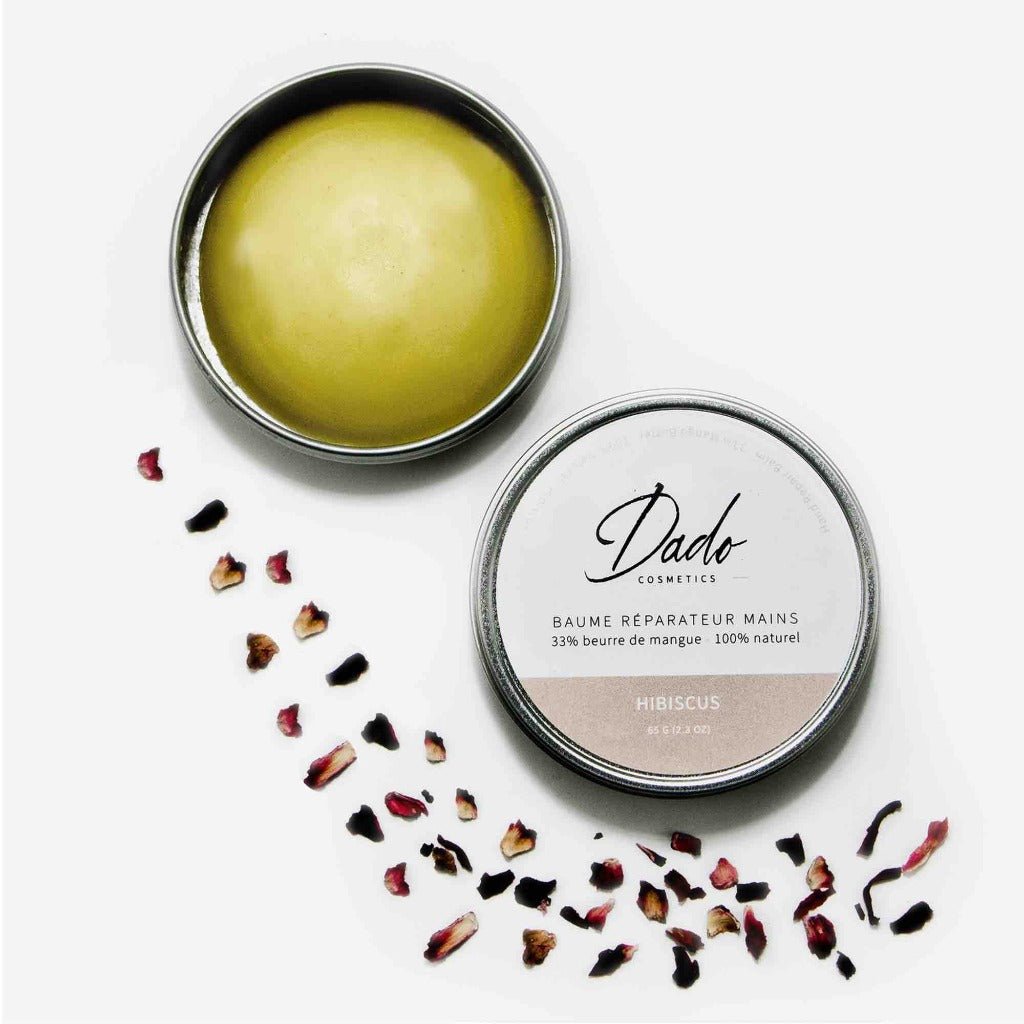 Baume réparateur mains à l&#39;hibiscus et au beurre de mangue bio avec des fleurs séchées d&#39;Hibiscus - Dado Cosmetics