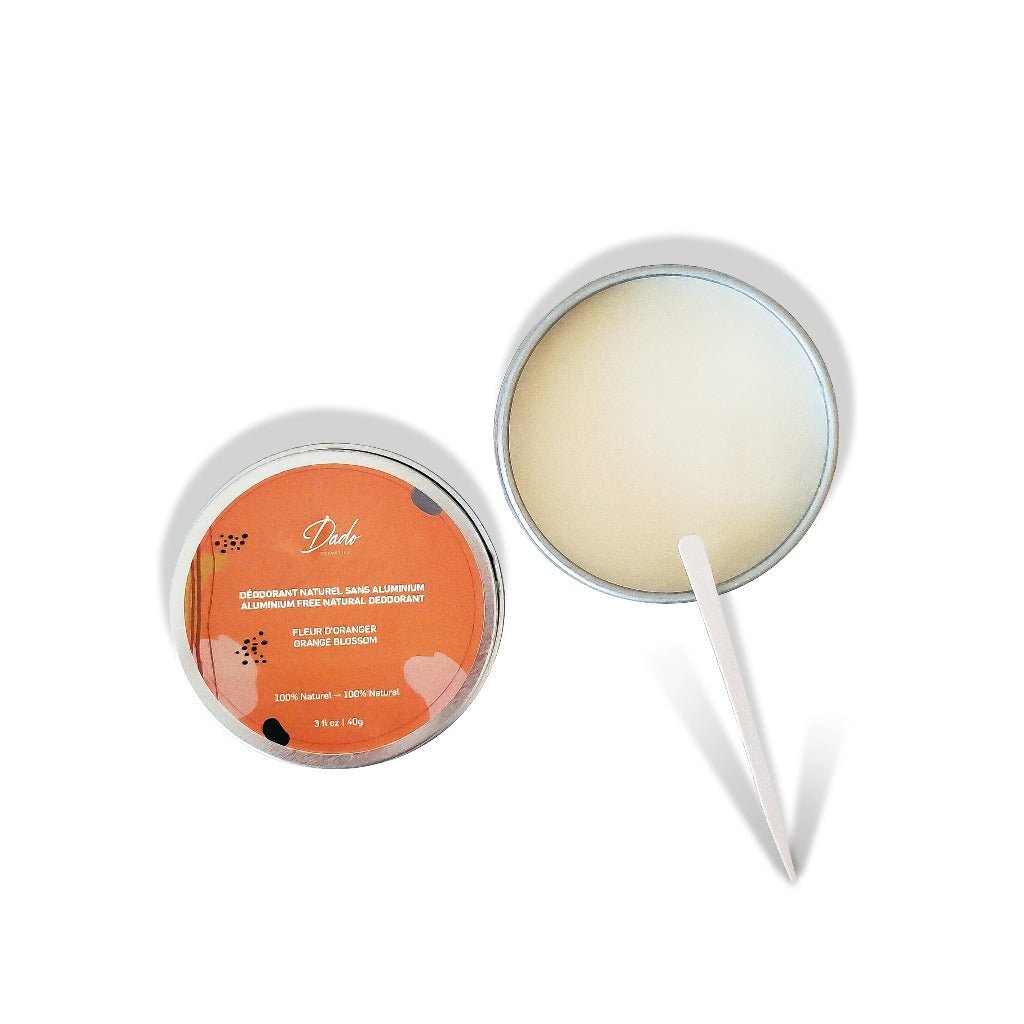 Déodorant naturel au bicarbonate de soude et beurre de mangue à la fleur d'oranger dans un contenant métal - Dado Cosmetics