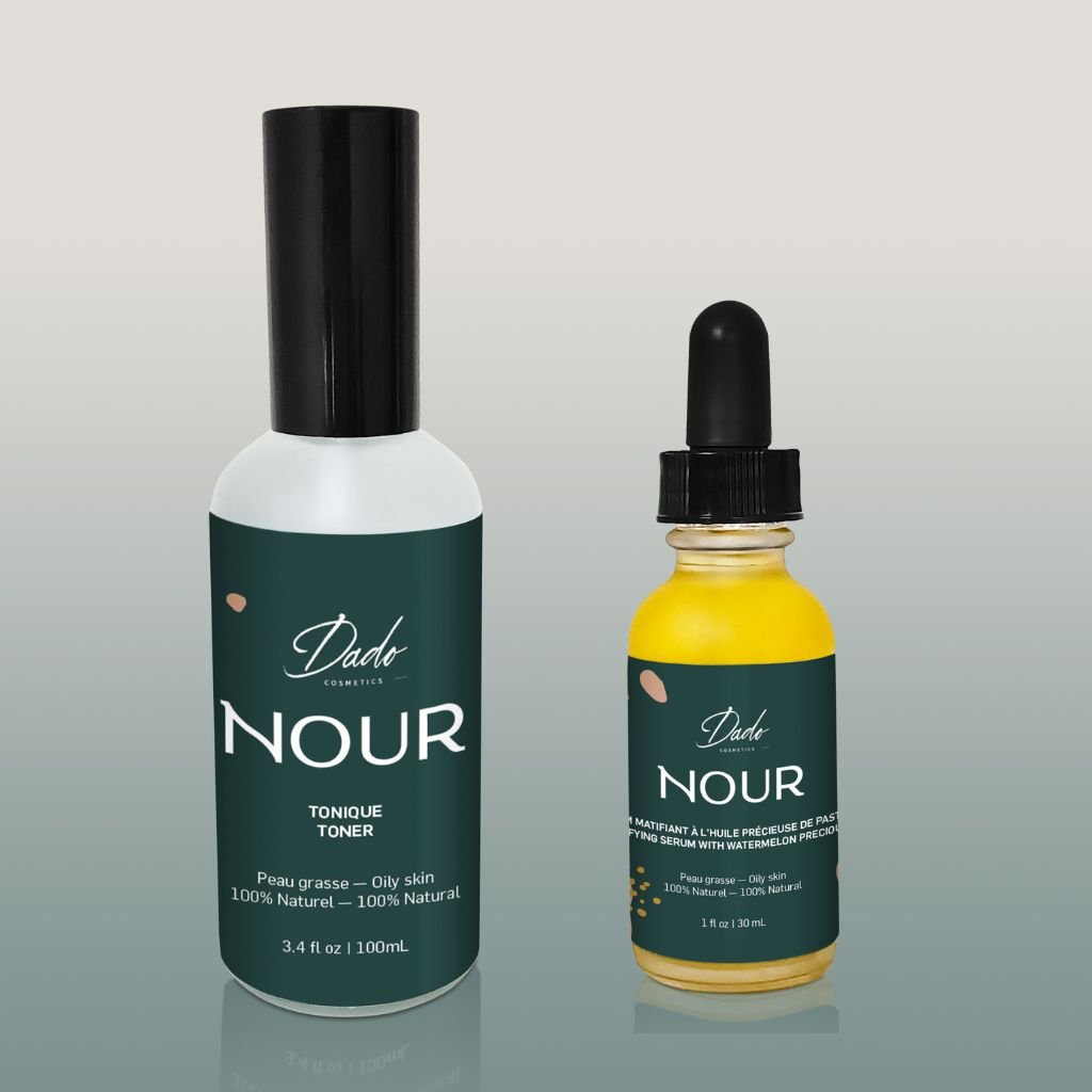 Une lotion et un sérum pour peaux grasses dans des bouteilles en verre givré, recyclable avec bouchon noir - Dado Cosmetics