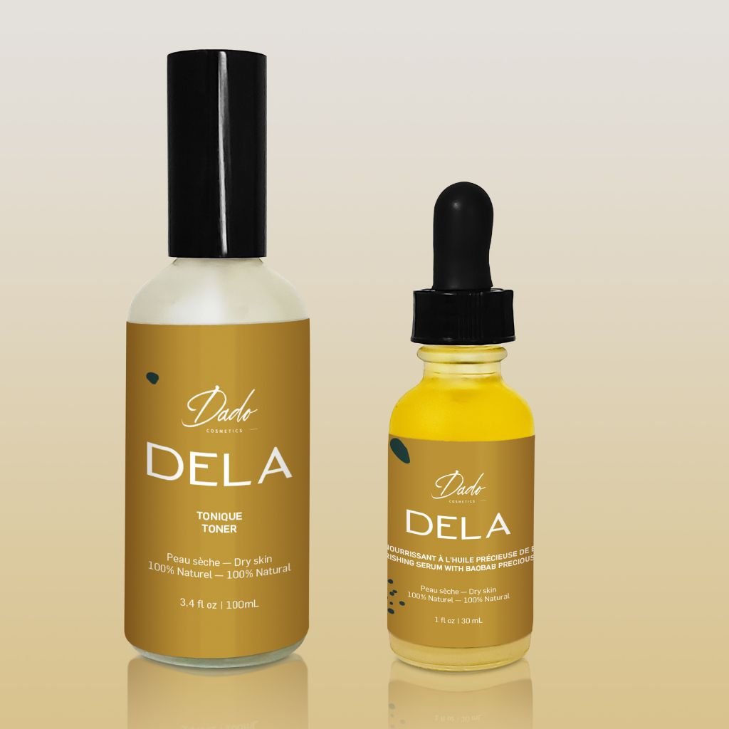 Une lotion et un sérum pour peaux sèches dans des bouteilles en verre givré, recyclable avec bouchon noir - Dado Cosmetics